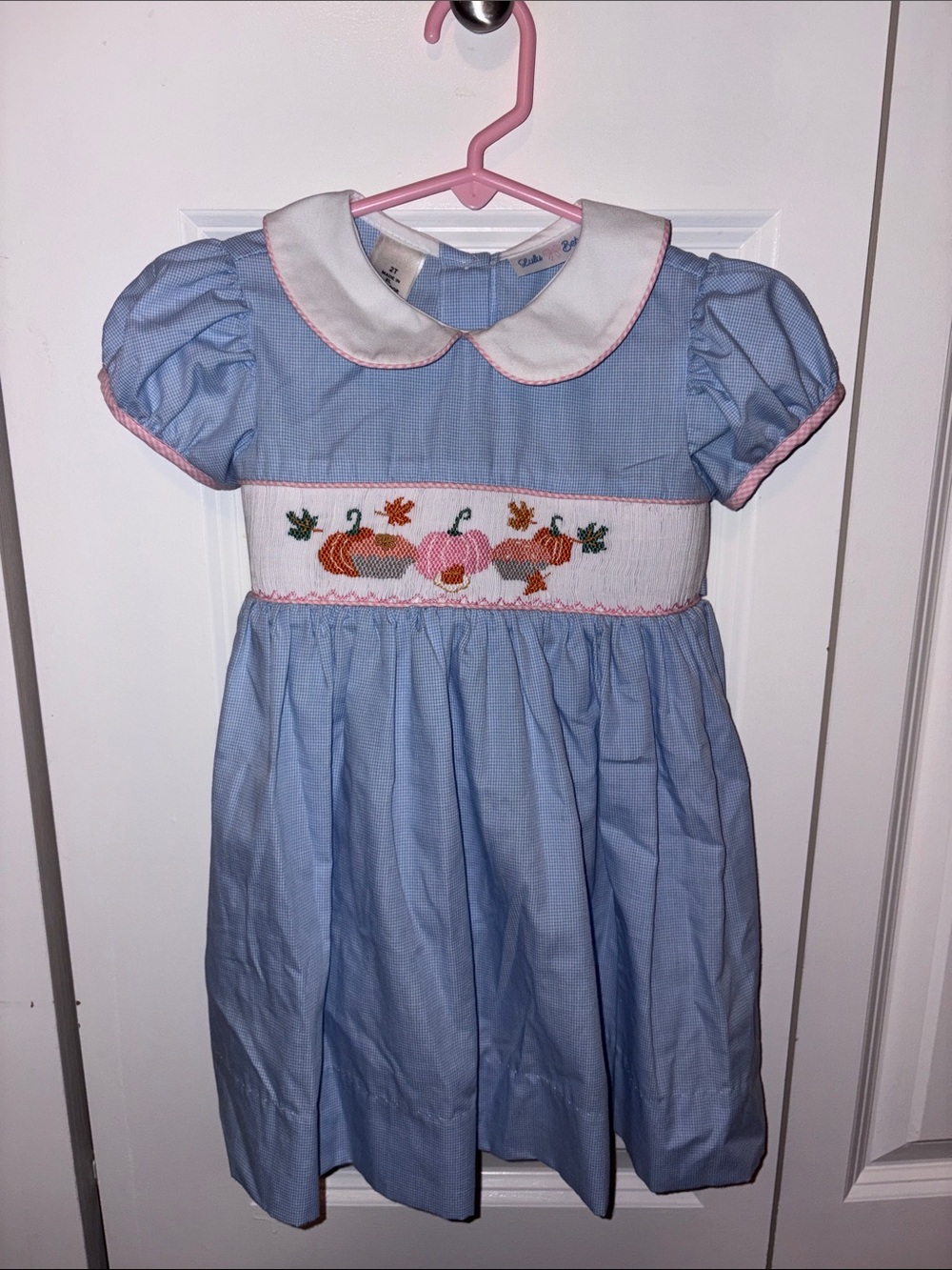 Classic Blue Smocked Kids 2T Dress with Pumpkin Motif Like New